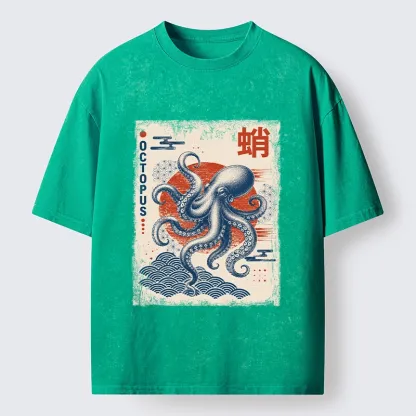 Tokyo-Tiger Vintage Japanese Octopus Wave Art Washed T-Shirt