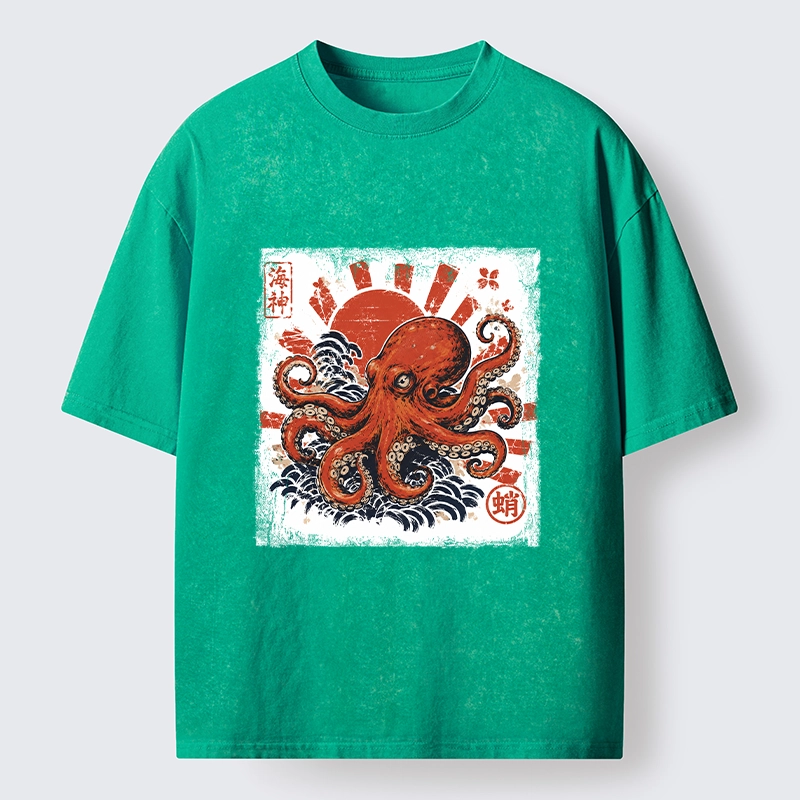 Tokyo-Tiger Bold Red Ocean Octopus Graphic Washed T-Shirt
