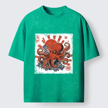 Tokyo-Tiger Bold Red Ocean Octopus Graphic Washed T-Shirt