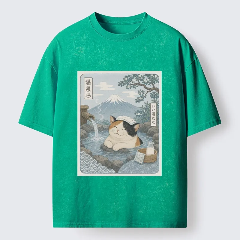 Tokyo-Tiger Mount Fuji Onsen Cat Calming Art Washed T-Shirt Sale