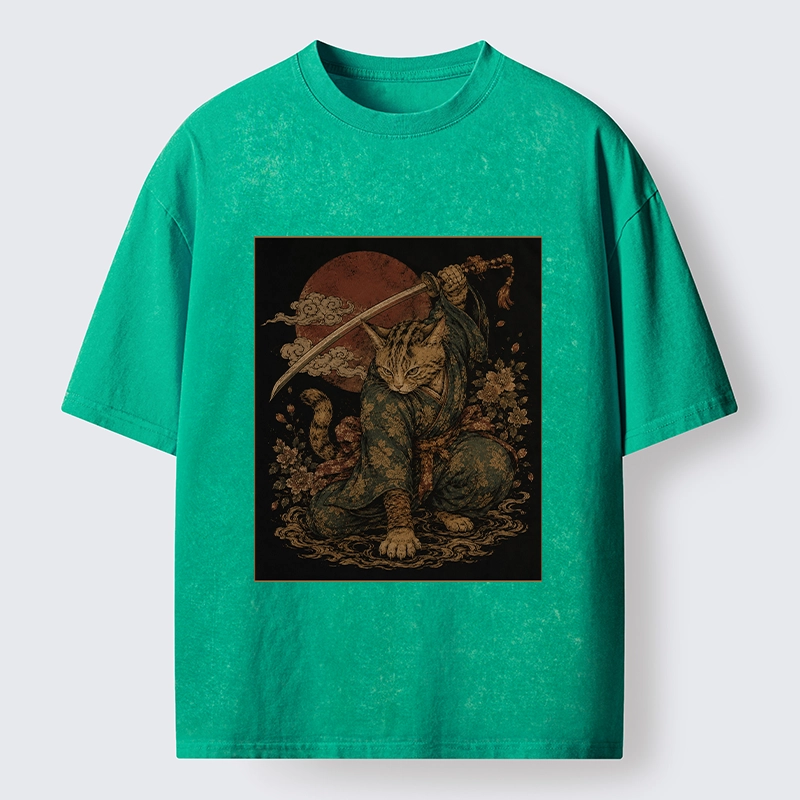 Tokyo-Tiger Samurai Cat Sword Floral Japanese Art Washed T-Shirt
