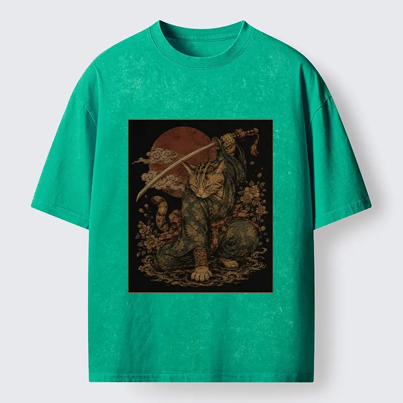 Tokyo-Tiger Samurai Cat Sword Floral Japanese Art Washed T-Shirt