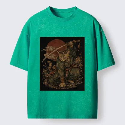 Tokyo-Tiger Samurai Cat Sword Floral Japanese Art Washed T-Shirt