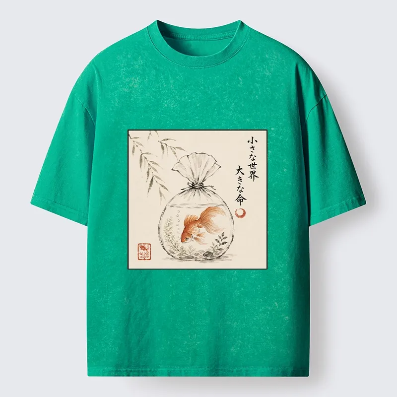 Tokyo-Tiger Goldfish Bag Minimal Ink Art Washed T-Shirt