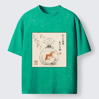 Tokyo-Tiger Goldfish Bag Minimal Ink Art Washed T-Shirt