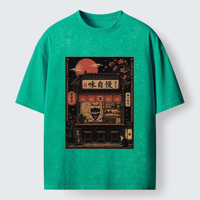 Tokyo-Tiger Cat Sushi Shop Retro Street Art Washed T-Shirt