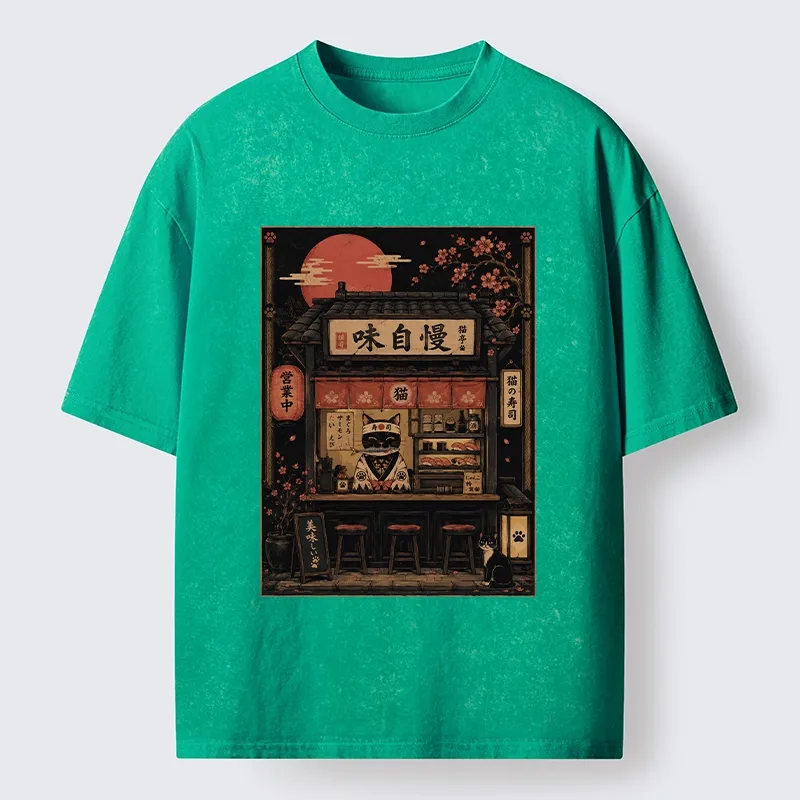 Tokyo-Tiger Cat Sushi Shop Retro Street Art Washed T-Shirt