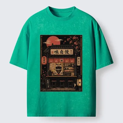 Tokyo-Tiger Cat Sushi Shop Retro Street Art Washed T-Shirt