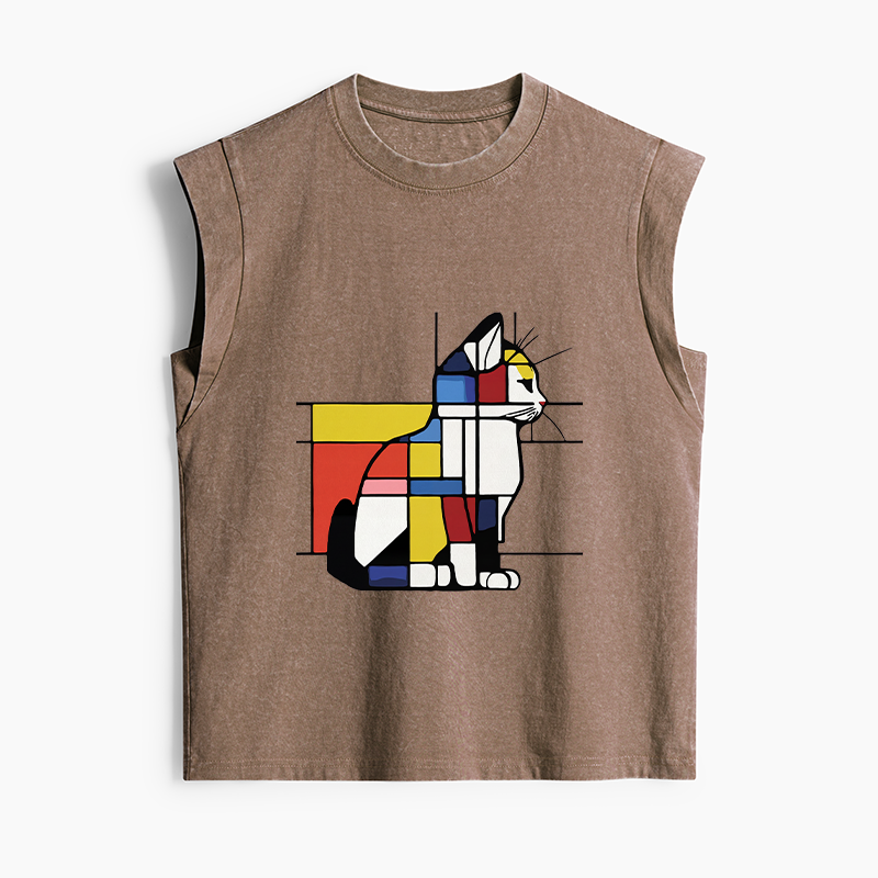 Tokyo-Tiger Geometric Cat Art In Primary Colors Women's Washed Tank Tops