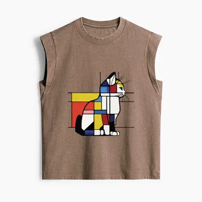 Tokyo-Tiger Geometric Cat Art In Primary Colors Women's Washed Tank Tops