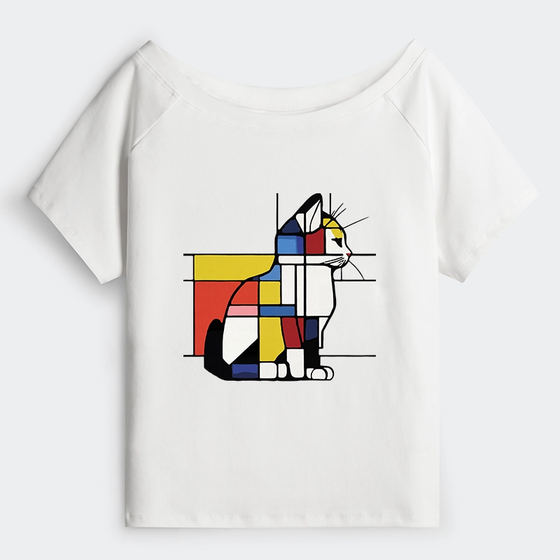 Tokyo-Tiger Geometric Cat Art In Primary Colors Off Shoulder T-Shirt
