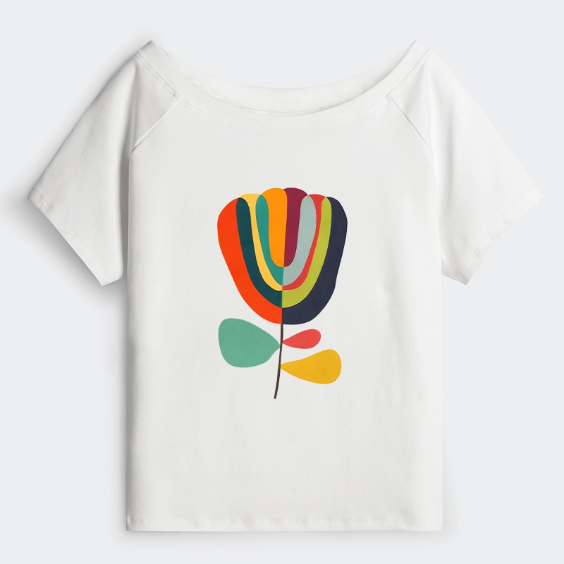 Tokyo-Tiger Colorful Flower Minimalist Print Off Shoulder T-Shirt