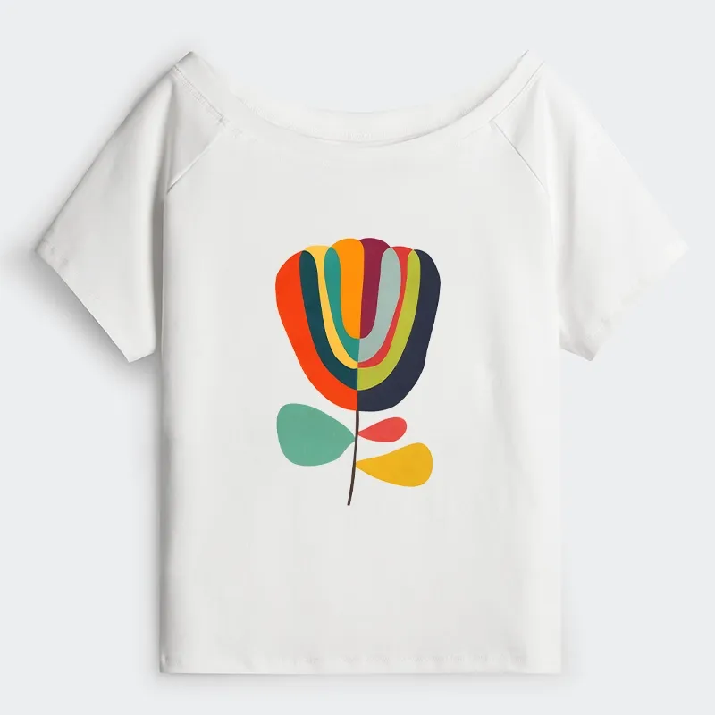 Tokyo-Tiger Colorful Flower Minimalist Print Off Shoulder T-Shirt
