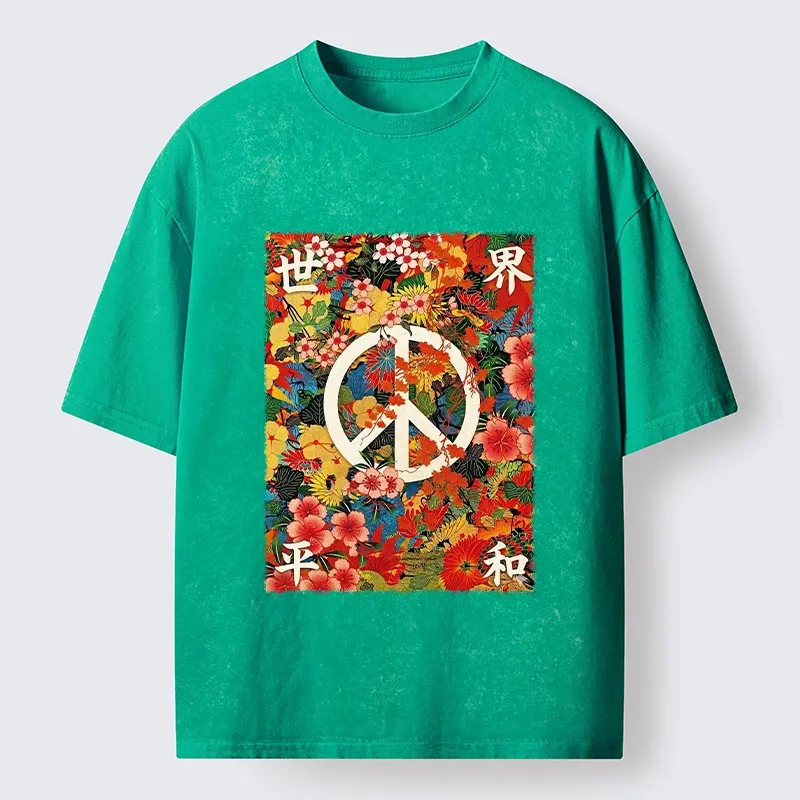 Tokyo-Tiger Bright Blooms Bring Global Calm Peace Washed T-Shirt