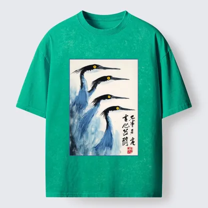 Tokyo-Tiger Brush Strokes Draw Graceful Water Birds Washed T-Shirt