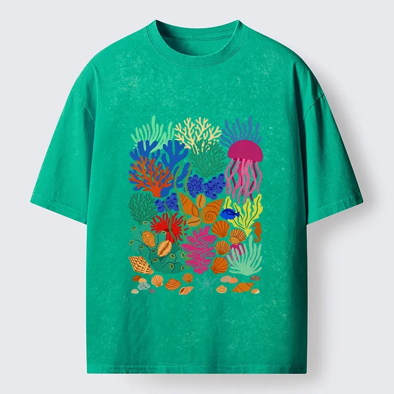 Tokyo-Tiger Bright Sea Garden Full Of Sea Friends Washed T-Shirt