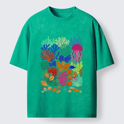 Tokyo-Tiger Bright Sea Garden Full Of Sea Friends Washed T-Shirt