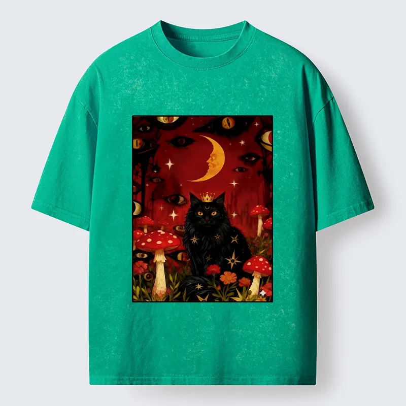 Tokyo-Tiger Mystic Cat Amid Red Spotted Mushrooms Washed T-Shirt