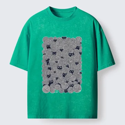 Tokyo-Tiger Tiny Black Cats Hide In Yarn Balls Washed T-Shirt