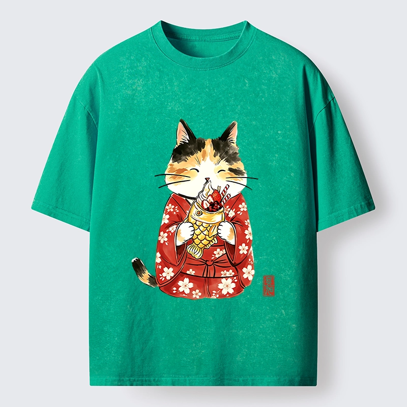 Tokyo-Tiger Enjoying Japanese Taiyaki Washed T-Shirt