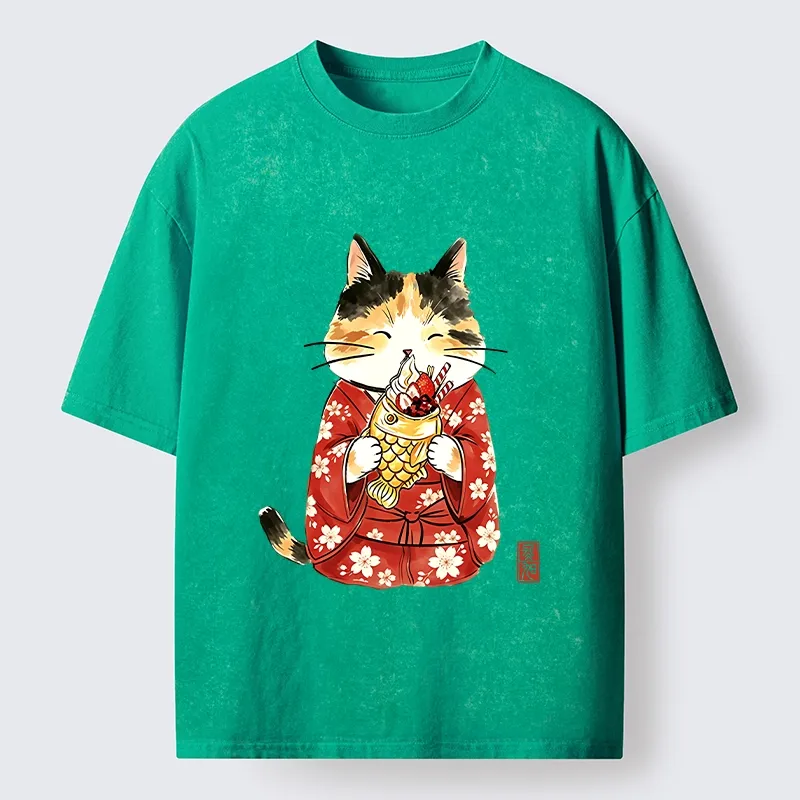 Tokyo-Tiger Enjoying Japanese Taiyaki Washed T-Shirt