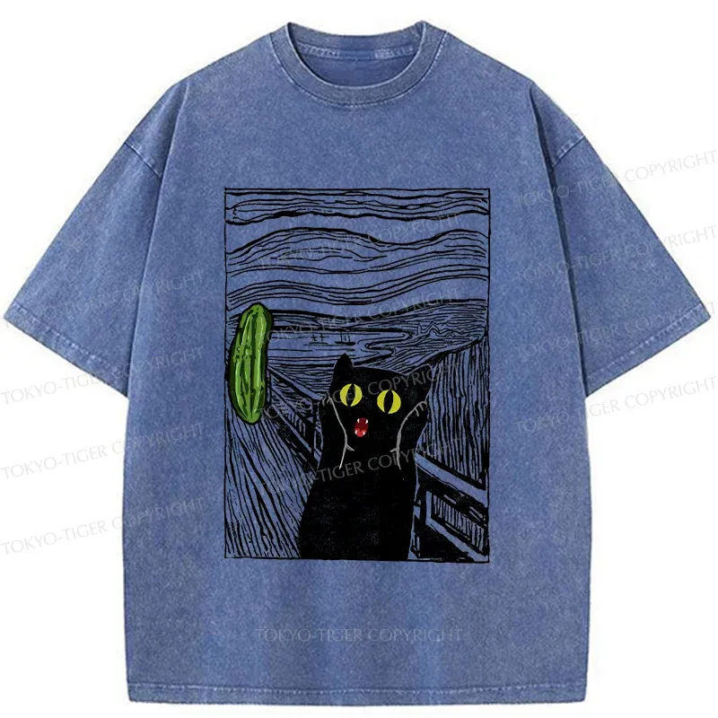 Tokyo-Tiger Cat Afraid Of Cucumbers Washed T-Shirt