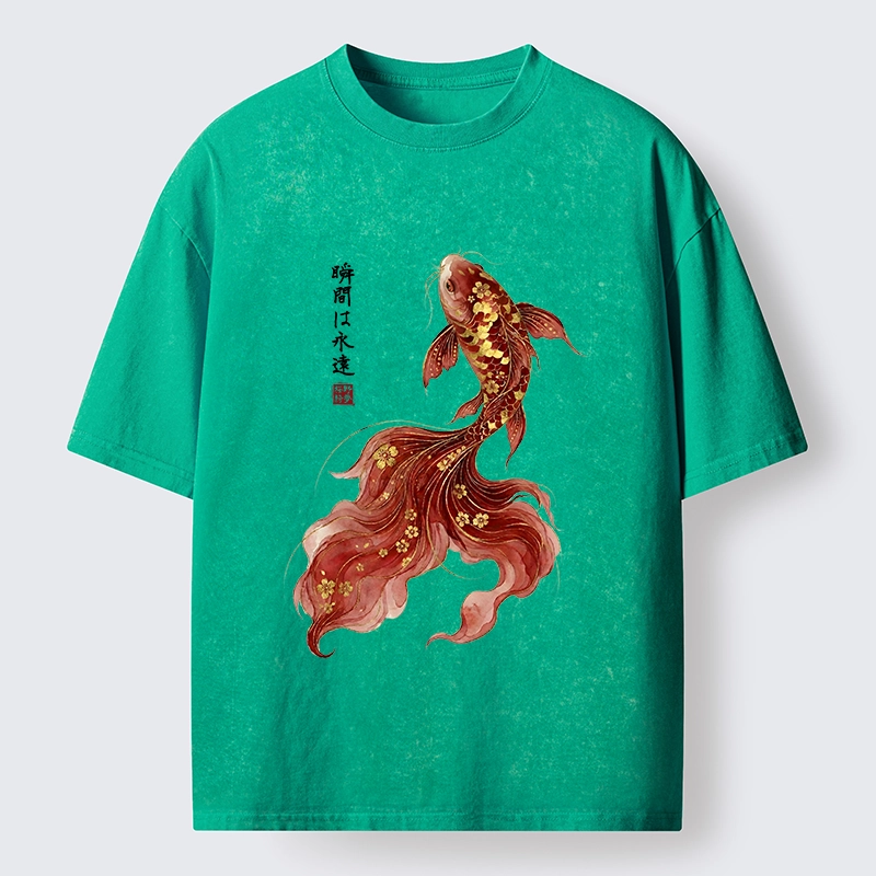 Tokyo-Tiger Golden Sakura Red Koi Ink Art Washed T-Shirt