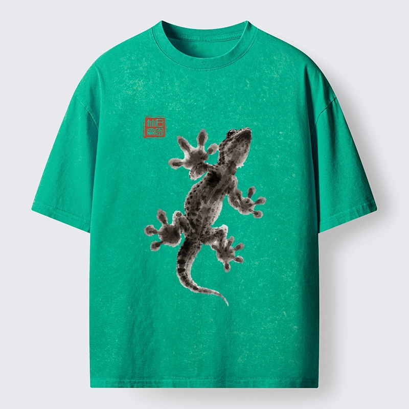 Tokyo-Tiger Minimal Asian Ink Brush Gecko Vibe Washed T-Shirt