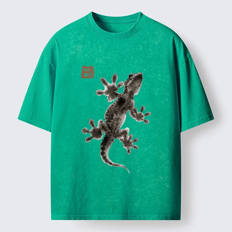 Tokyo-Tiger Minimal Asian Ink Brush Gecko Vibe Washed T-Shirt