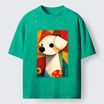 Tokyo-Tiger Retro Abstract Color Block Puppy Art Washed T-Shirt