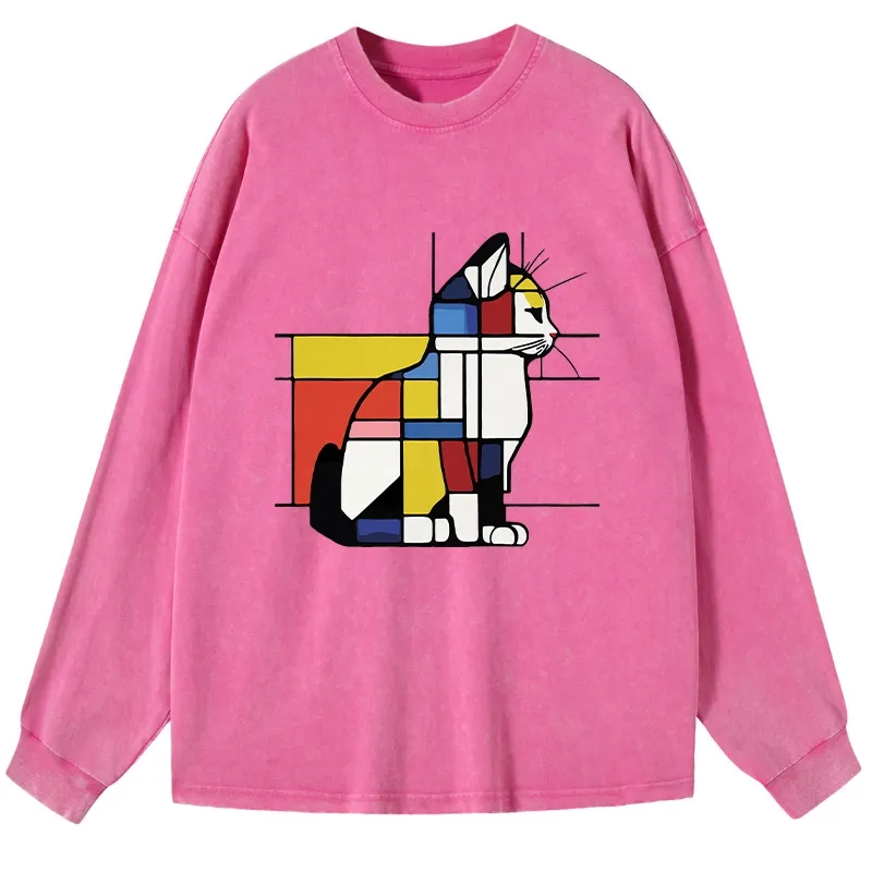 Tokyo-Tiger Geometric Cat Art In Primary Colors Washed Long Sleeve T-Shirt