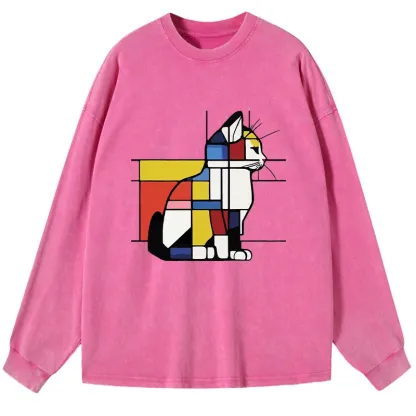 Tokyo-Tiger Geometric Cat Art In Primary Colors Washed Long Sleeve T-Shirt