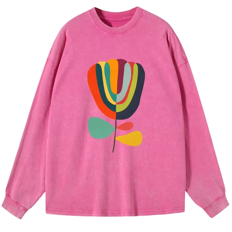 Tokyo-Tiger Colorful Flower Minimalist Print Washed Long Sleeve T-Shirt