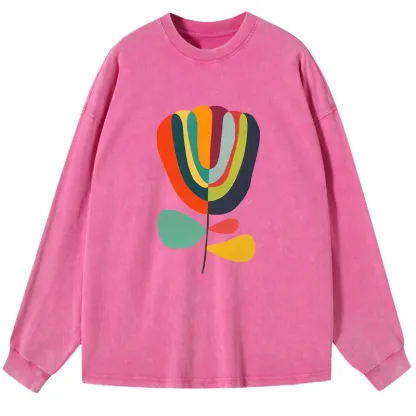Tokyo-Tiger Colorful Flower Minimalist Print Washed Long Sleeve T-Shirt