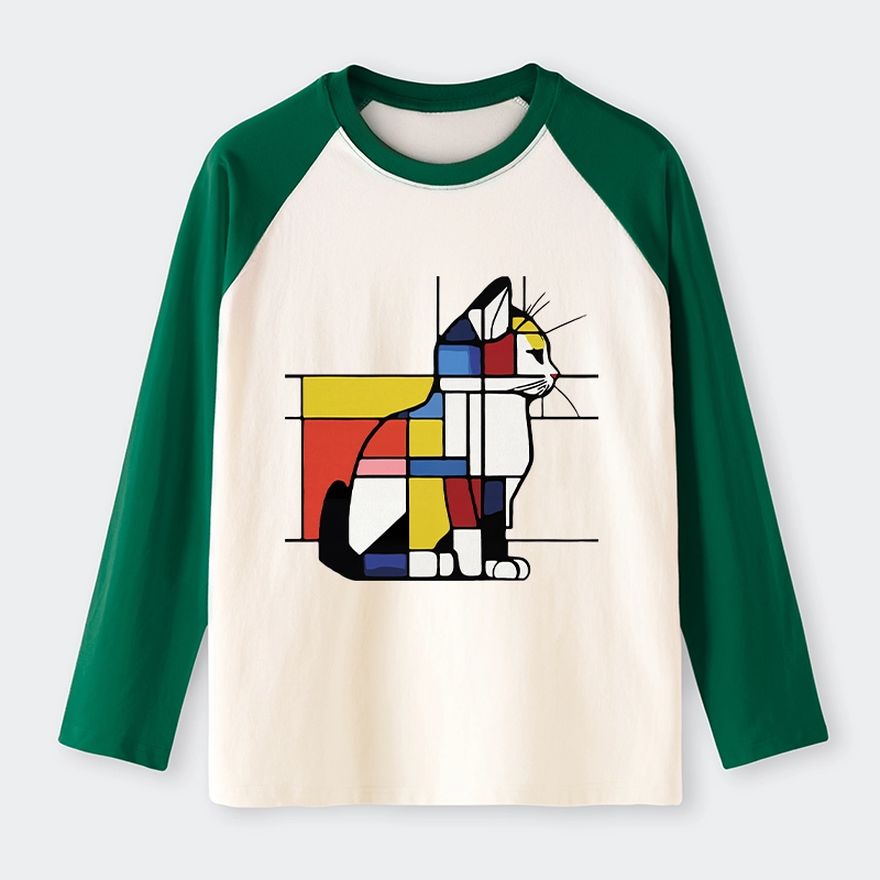 Tokyo-Tiger Geometric Cat Art In Primary Colors Raglan Long Sleeve T-shirt