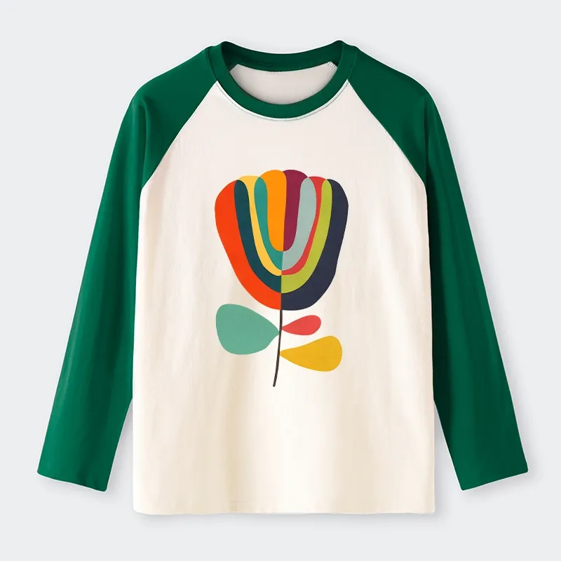 Tokyo-Tiger Colorful Flower Minimalist Print Raglan Long Sleeve T-shirt