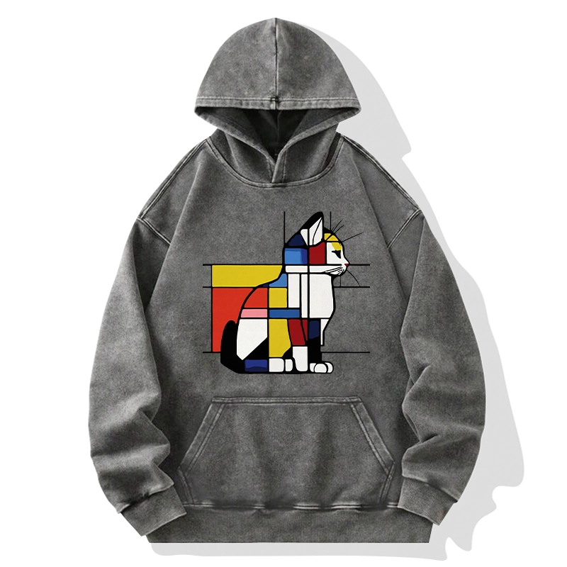 Tokyo-Tiger Geometric Cat Art In Primary Colors Washed Hoodie