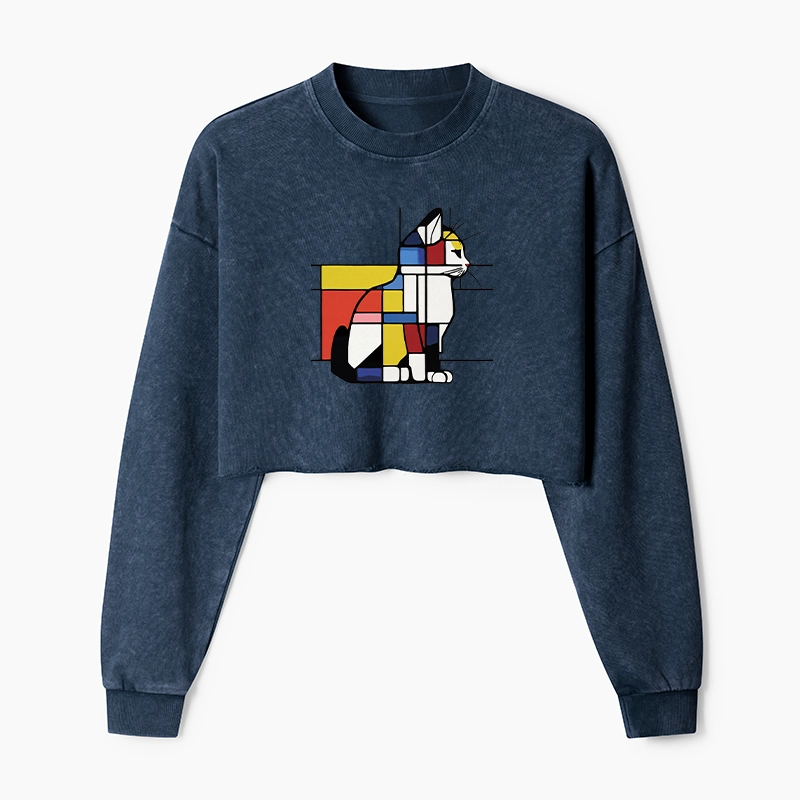 Tokyo-Tiger Geometric Cat Art In Primary Colors Washed Crop Sweatshirt