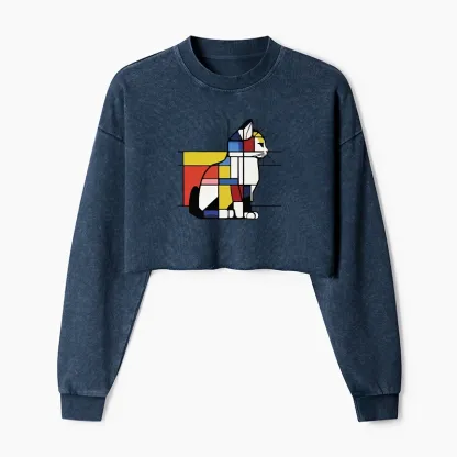 Tokyo-Tiger Geometric Cat Art In Primary Colors Washed Crop Sweatshirt