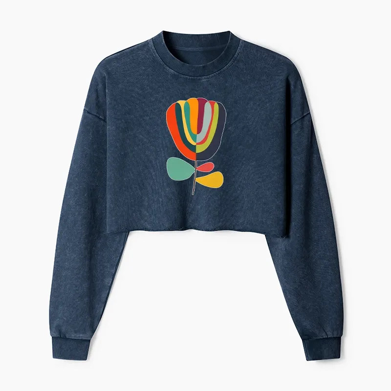 Tokyo-Tiger Colorful Flower Minimalist Print Washed Crop Sweatshirt