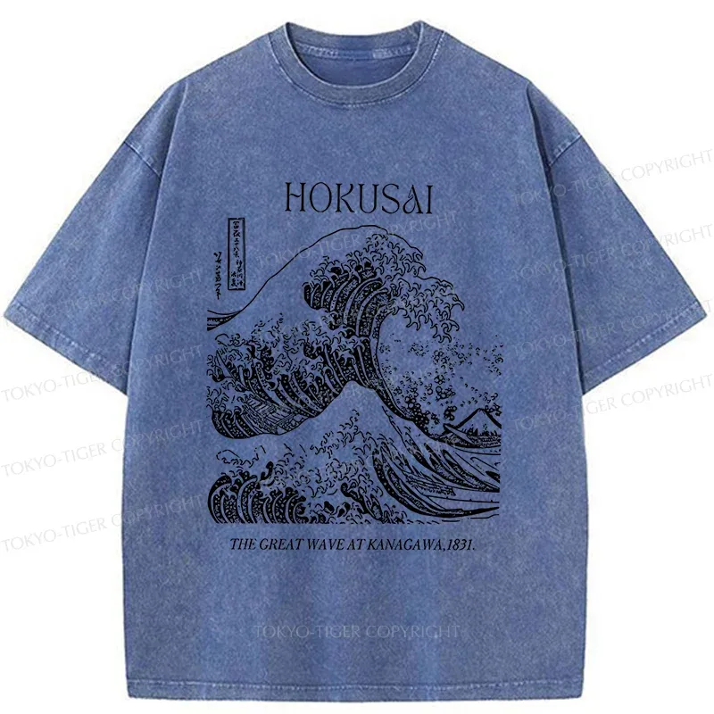 Tokyo-Tiger Retro Ukiyo-e Waves Washed T-Shirt