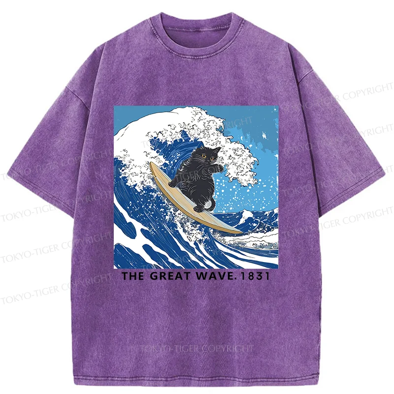 Tokyo-Tiger Cat Surfing Funny Washed T-Shirt