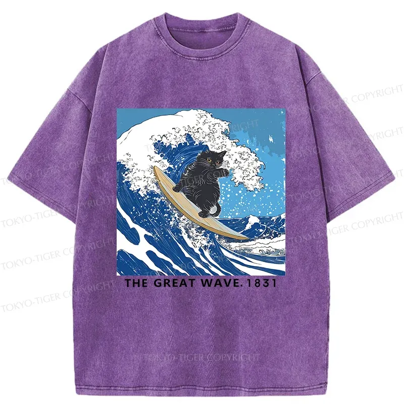 Tokyo-Tiger Cat Surfing Funny Washed T-Shirt