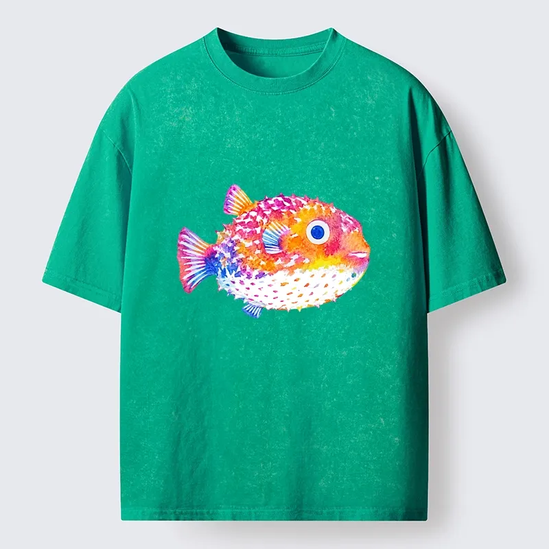 Tokyo-Tiger Rainbow Watercolor Puffer Fish Art Washed T-Shirt