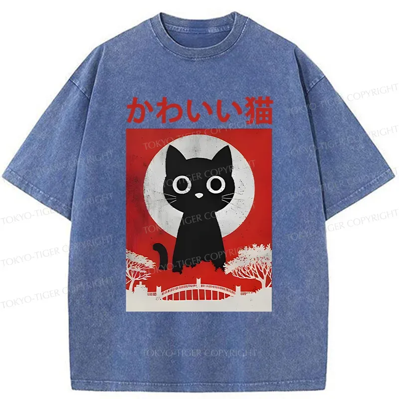 Tokyo-Tiger Cute Retro Cat Washed T-Shirt