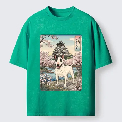 Tokyo-Tiger Ukiyo-e Bull Terrier Cherry Blossom Art Washed T-Shirt
