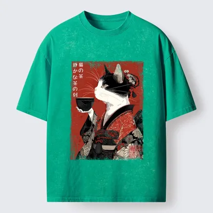 Tokyo-Tiger Kimono Tea Cat Red Vintage Ink Art Washed T-Shirt