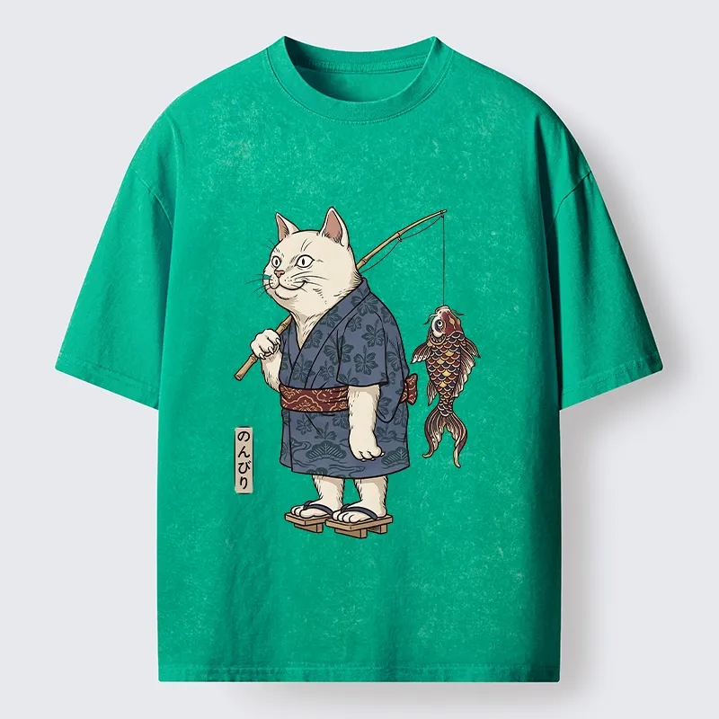 Tokyo-Tiger Kimono Cat Fishing Koi Fish Art Washed T-Shirt