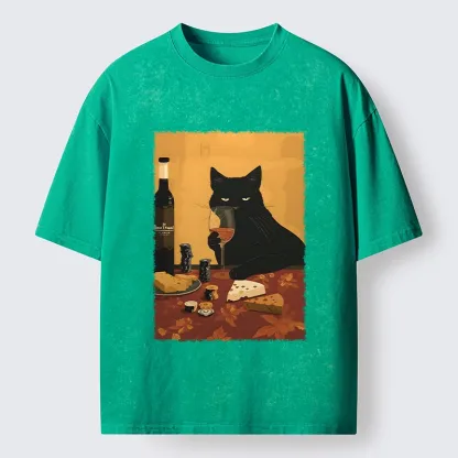 Tokyo-Tiger Chill Black Cat Wine Cheese Art Washed T-Shirt