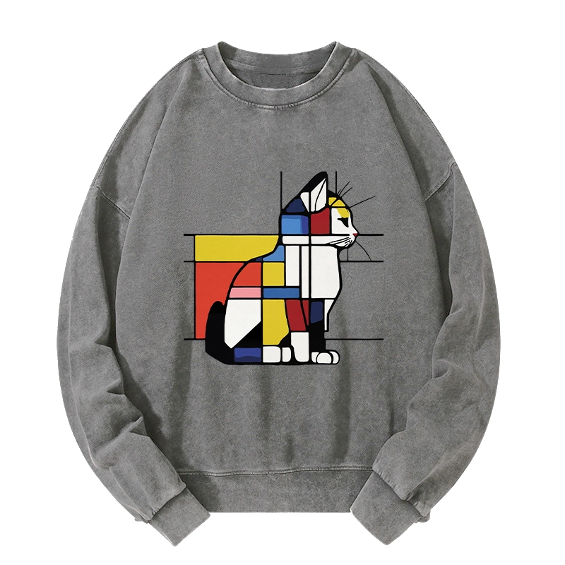 Tokyo-Tiger Geometric Cat Art In Primary Colors Washed Sweatshirt